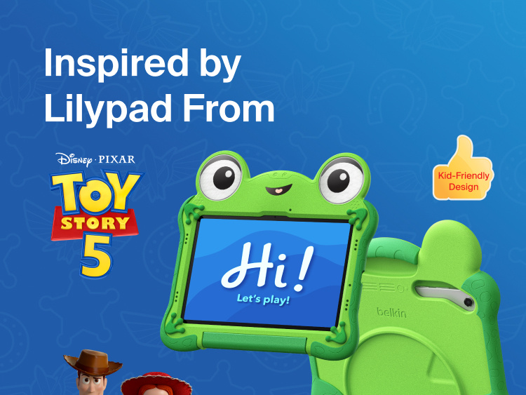 Belkin Disney Toy Story 5 Lilypad protective case for Samsung Galaxy Tab A11+ featuring a kid-friendly frog-inspired design with built-in handle and kickstand.