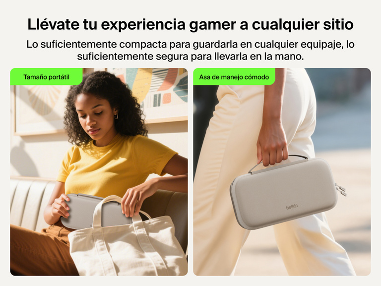 The Belkin Gaming Charging Case for Nintendo Switch 2 is shown being easily packed into a tote and carried by hand, highlighting its portable size and convenient handle for travel.