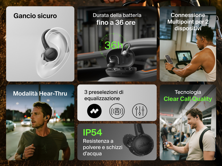 Belkin SoundForm ActiveFit Wireless Earbuds with up to 36h battery life, secure ear hook, IP54 dust and water resistance, Hear-Thru mode, multipoint connection, 3 EQ presets, and clear call quality.