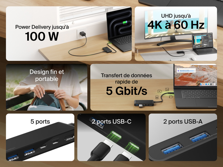 Belkin Connect 5-Port USB-C Hub with Dual USB-C Ports featuring 4K@60Hz display, 100W power delivery, 5Gbps data transfer, 2 USB-C and 2 USB-A ports, in a slim and portable design.