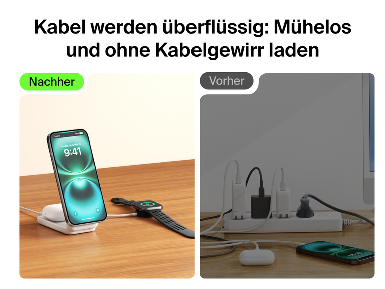 Die Belkin UltraCharge faltbare magnetische 2-in-1-Ladestation mit Qi2 25W bietet eine ordentliche, stylische Alternative zu Kabelgewirr, da sie iPhone, AirPods und Apple Watch ohne Kabel auflädt.