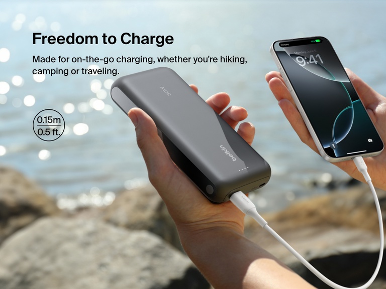 Belkin BoostCharge Pro braided USB-C to dual USB-C cable includes a built-in cable organizer for compact, travel-friendly storage and convenient 140W charging on the go.