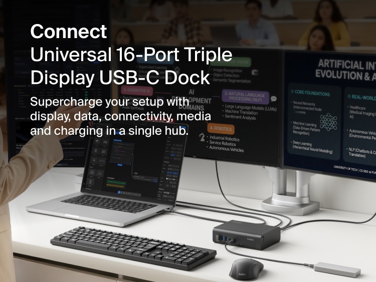 Connect Universal 16-Port Triple Display USB-C Dock shown on a desk setup, connected to a laptop and multiple monitors displaying work content, with keyboard and accessories, highlighting multi-display connectivity and productivity.