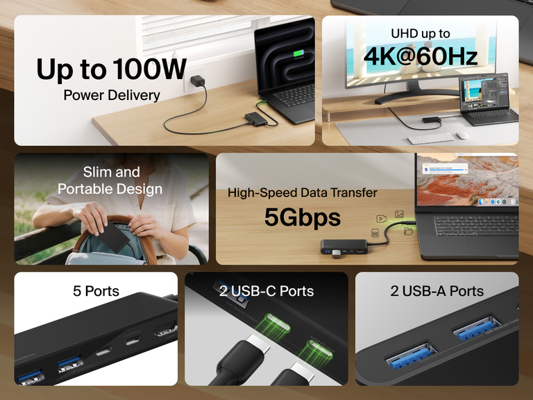Belkin Connect 5-Port USB-C Hub with Dual USB-C Ports featuring 4K@60Hz display, 100W power delivery, 5Gbps data transfer, 2 USB-C and 2 USB-A ports, in a slim and portable design.