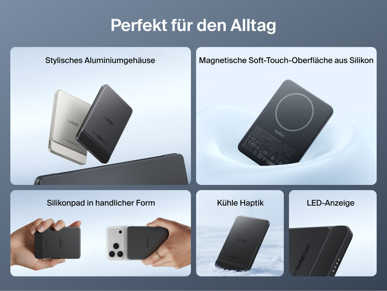 Die Belkin UltraCharge Pro schlanke magnetische Powerbank 5K mit BoostSolid-Zelle wird mit Aluminiumgeh&auml;use, Silikonpad in handlicher Form, LED-Anzeige und k&uuml;hler magnetischer Soft-Touch-Oberfl&auml;che gezeigt.