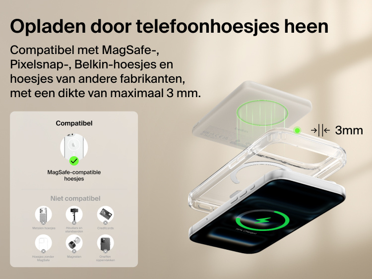 Belkin BoostCharge Slim Magnetic Power Bank 5K with Qi2 wirelessly charging a smartphone through a MagSafe-compatible case up to 3 mm thick for convenient everyday use.