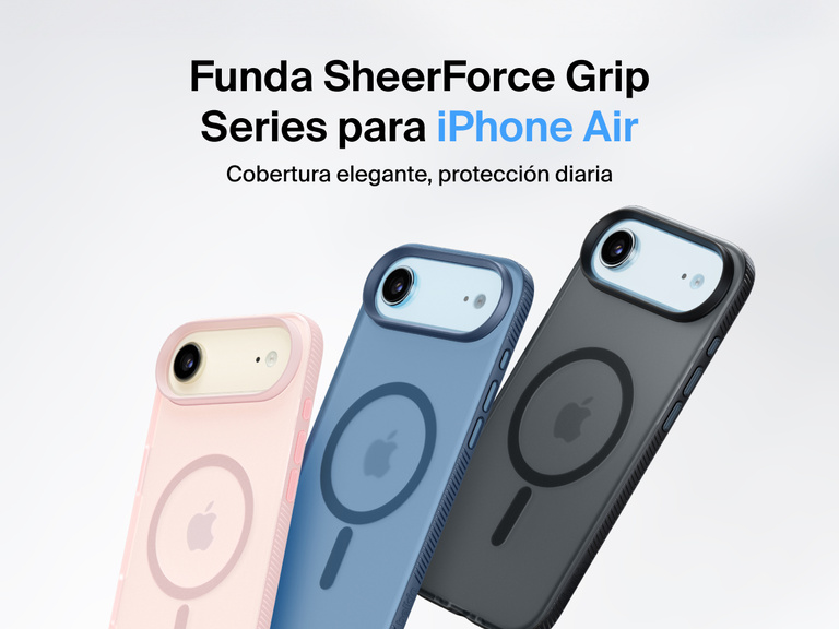 Belkin SheerForce Grip Series protective case for iPhone 17 shown in pink, clear, and black with slim design and MagSafe compatibility.