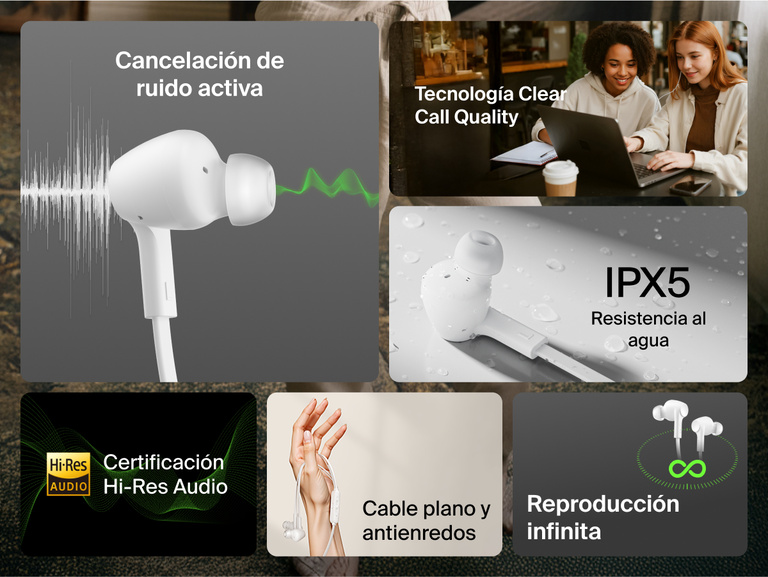 Belkin SoundForm ANC Wired Earbuds with USB-C® featuring active noise cancellation, IPX5 water resistance, Hi-Res audio, tangle-free cable, and clear call quality.