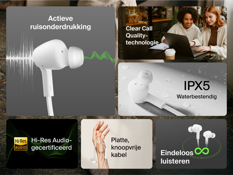 Belkin SoundForm ANC Wired Earbuds with USB-C® featuring active noise cancellation, IPX5 water resistance, Hi-Res audio, tangle-free cable, and clear call quality.