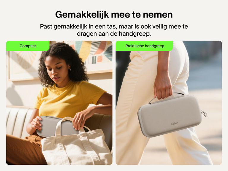 The Belkin Gaming Charging Case for Nintendo Switch 2 is shown being easily packed into a tote and carried by hand, highlighting its portable size and convenient handle for travel.