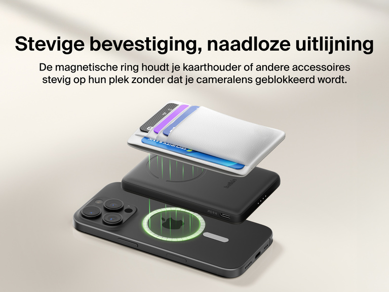 Belkin BoostCharge Slim Magnetic Power Bank 5K shown magnetically aligned between a smartphone and wallet accessory, demonstrating precise magnetic ring for secure attachment and camera-safe design.