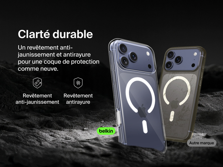 Belkin SheerForce Clear Series Case for iPhone 17 with anti-yellowing and scratch-resistant technology compared to discolored generic case.