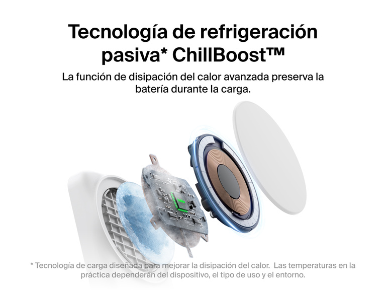 El cargador magnético plegable 2 en 1 con Qi2 25W Belkin UltraCharge incluye tecnología de refrigeración pasiva ChillBoost™ que ofrece una disipación del calor avanzada para preservar la batería del dispositivo conectado durante el proceso de carga.