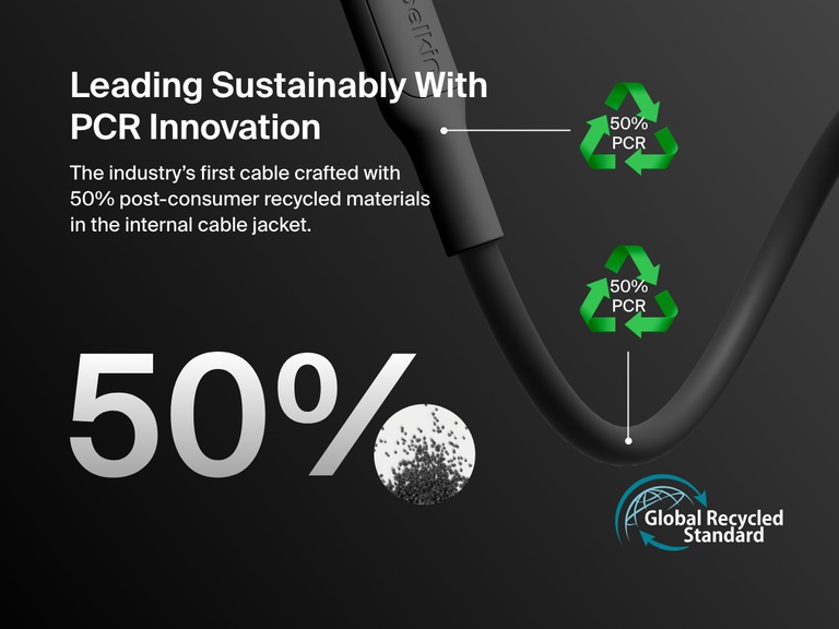 Belkin BoostCharge Pro USB-C to USB-C Braided Cable 60W is the industry’s first cable made with 50% post-consumer recycled materials in the internal jacket, certified by the Global Recycled Standard.