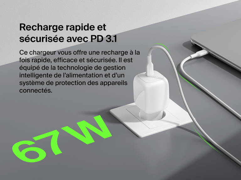 Le chargeur secteur GaN deux ports USB-C Belkin BoostCharge Pro (67 W) avec technologie PD 3.1 offre une recharge rapide, efficace et sécurisée grâce à sa fonction de gestion intelligente de l’énergie et de protection des appareils connectés.