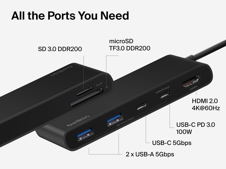 Belkin Connect 7-Port USB-C Hub with Dual USB-C Ports showing HDMI, USB-C PD, USB-A, SD, and microSD slots labeled with speeds and power output.