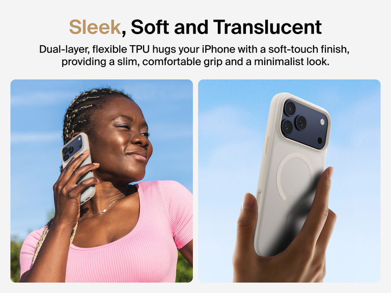 Belkin SheerForce Grip Series Case for iPhone 17 with slim translucent design and soft-touch finish for a comfortable grip.