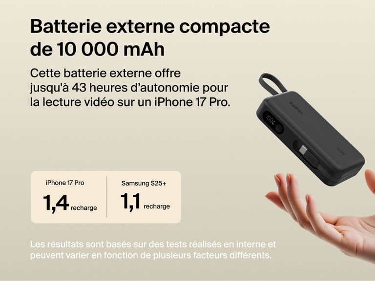 Belkin UltraCharge 10K power bank with integrated USB-C cable and digital display, delivering up to 45W fast charging and extended battery life for smartphones