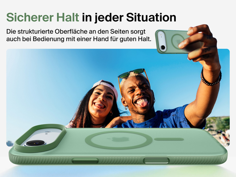 Belkin SheerForce Grip Series Case for iPhone 17 with military-grade drop protection and textured non-slip grip.