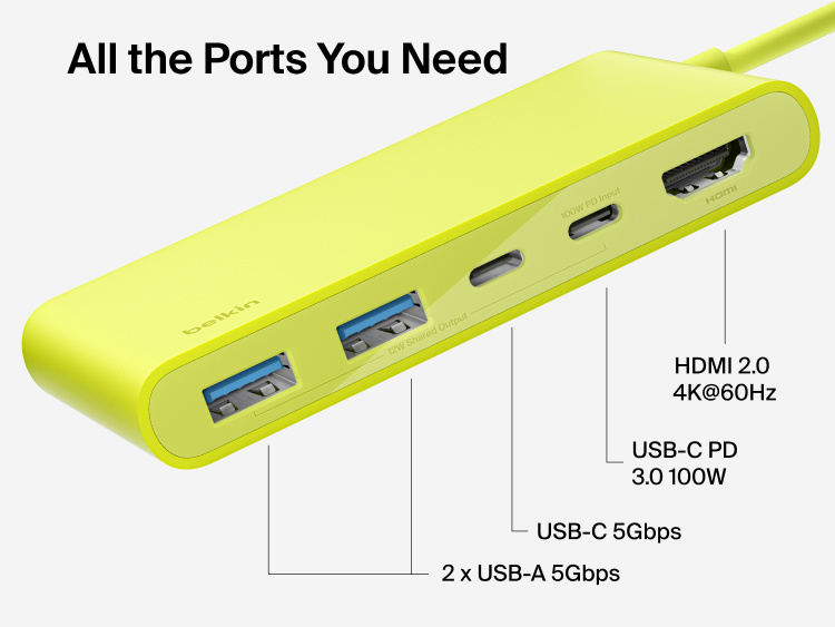 Belkin Connect 5-Port USB-C Hub with Dual USB-C Ports includes HDMI 2.0 4K@60Hz, USB-C PD 3.0 100W, USB-C 5Gbps, and dual USB-A 5Gbps ports.