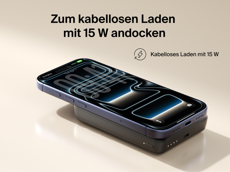 Slim Magnetic Power Bank 10K with Qi2 magnetically attached beneath smartphone demonstrating wireless charging connection