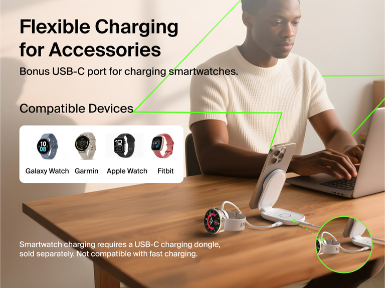 Belkin UltraCharge 2-in-1 Foldable Magnetic Charger with Qi2 25W shown powering iPhone and smartwatch via bonus USB-C port, compatible with Apple Watch, Galaxy Watch, Garmin, and Fitbit.
