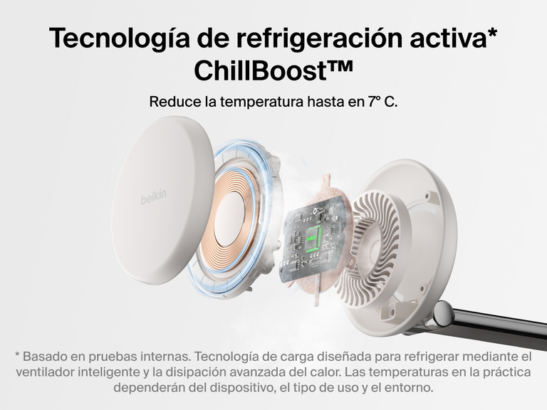 La estación magnética de carga 3 en 1 con Qi2 25W Belkin UltraCharge Pro utiliza la tecnología de refrigeración activa ChillBoost™ para reducir la temperatura de tu iPhone hasta en 7 grados mientras se recarga por carga rápida.