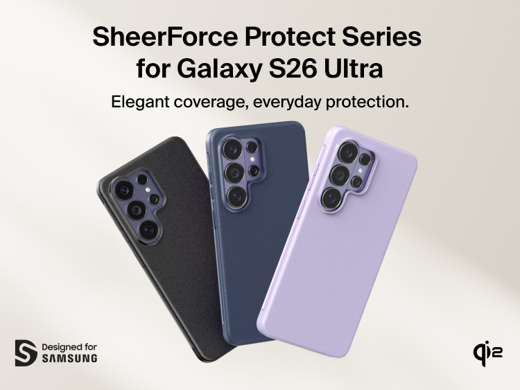Belkin SheerForce Protect Series Case for Samsung Galaxy S26 shown on device, offering slim, durable everyday protection with a precision fit designed for Samsung compatibility.
