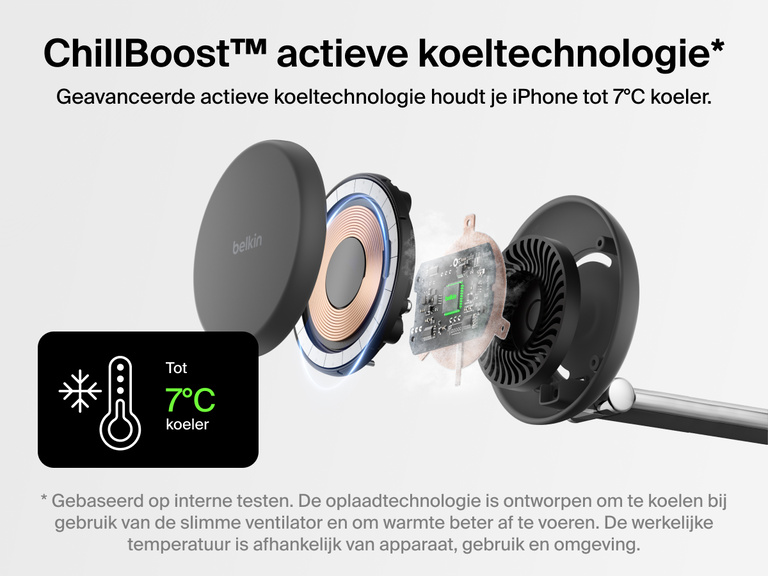 Het Belkin UltraCharge Pro 3-in-1 magnetische laadstation met Qi2 25W maakt gebruik van ChillBoost™ actieve koeltechnologie om je iPhone tot 7°C koeler te houden tijdens snel draadloos opladen.