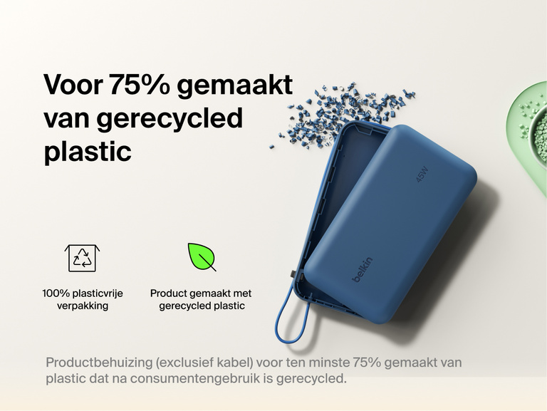 Belkin UltraCharge 20K 45W power bank with integrated cable made with recycled materials and plastic-free packaging for a more sustainable charging solution