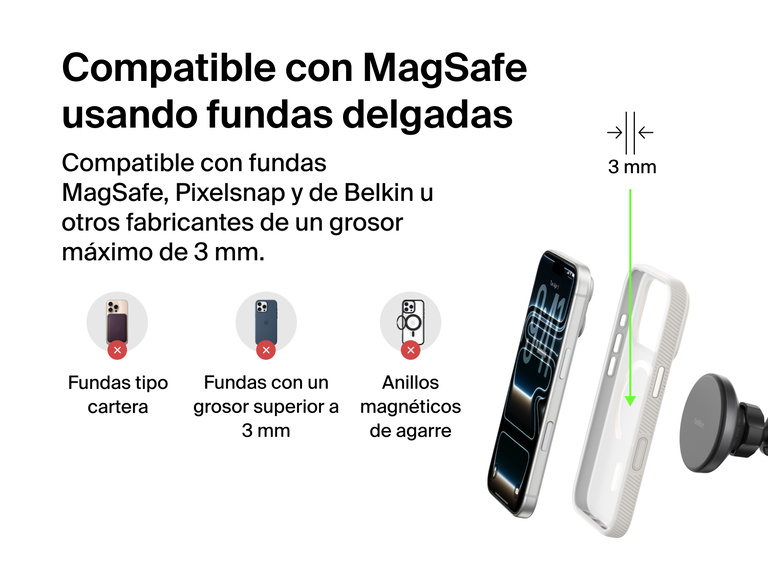 Belkin BoostCharge Magnetic Wireless Charging Car Vent and Dash Mount shown with MagSafe and thin-case compatibility up to 3mm, highlighting supported and unsupported case types.