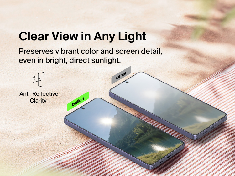 Belkin ScreenForce Titan SmartShield Anti-Reflective Screen Protector for Samsung Galaxy S26 demonstrating glare-reducing clarity that preserves screen detail and visibility in bright, direct sunlight compared to standard screen protectors.