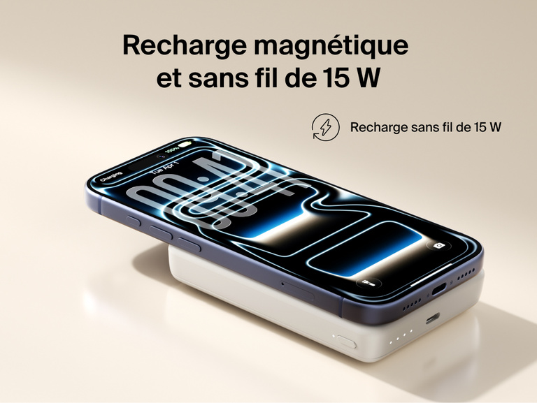 Slim Magnetic Power Bank 10K with Qi2 magnetically attached beneath smartphone demonstrating wireless charging connection