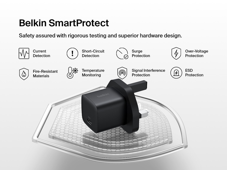 Belkin BoostCharge USB-C Wall Charger 25W shown with Belkin SmartProtect features, including over-voltage, surge, and short-circuit protection for enhanced charging safety.