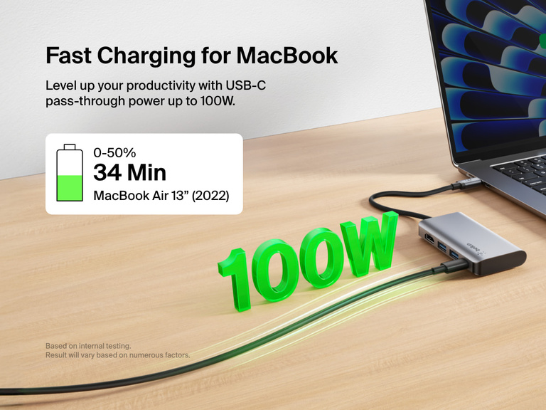 Belkin Connect USB-C 4-in-1 Multiport Adapter is shown delivering 100W pass-through power to a MacBook Air, with a callout indicating 0–50% charge in 34 minutes for the 2022 13-inch model.