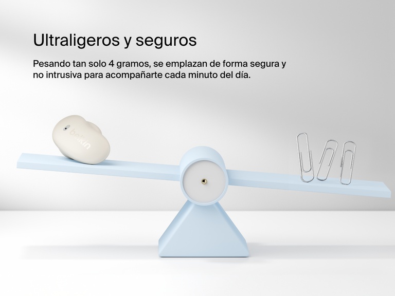 Belkin SoundForm Anywhere Wireless Earbuds shown on a balance scale highlighting ultra-light 4g weight and secure low-profile fit.
