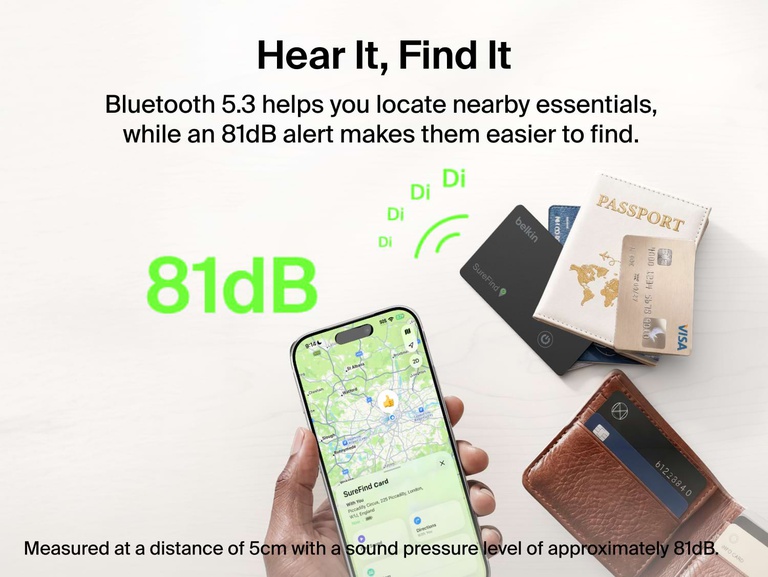Belkin SureFind Card uses Bluetooth 5.3 and an 81dB audible alert to help locate nearby essentials such as a wallet or passport.