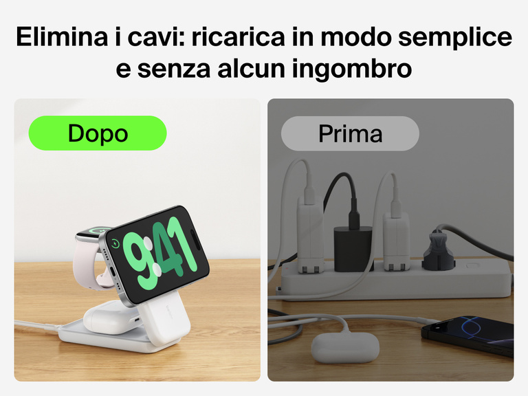 Immagine del caricabatteria magnetico pieghevole 3 in 1 con Qi2 da 25 W Belkin UltraCharge mentre ricarica molteplici dispositivi senza creare ingombro, rispetto ad altri dispositivi con cavi attorcigliati.