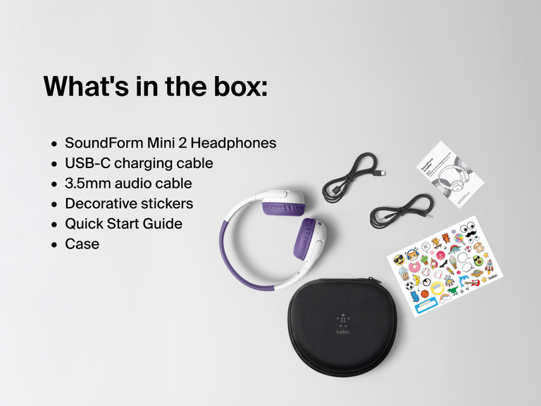 SoundForm Mini 2 Wireless On-Ear Headphones for Kids package contents laid out: headphones, USB-C charging cable, 3.5mm audio cable, decorative sticker sheet, case, and Quick Start Guide, with a Whats in the box label