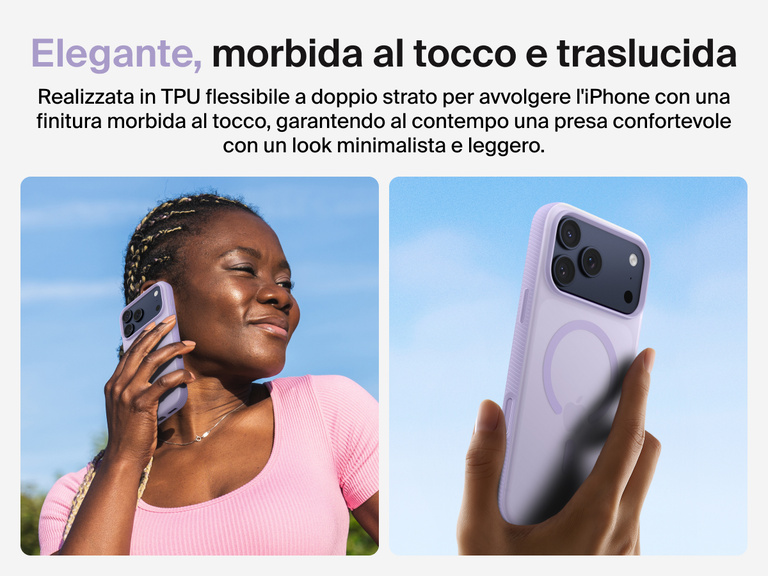 Belkin SheerForce Grip Series Case for iPhone 17 with slim translucent design and soft-touch finish for a comfortable grip.