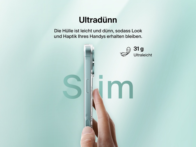 A promotional image showcasing the ultra-thin design of the SheerForce™ Magnetic iPhone Case. A hand holds the slim, lightweight case, emphasizing its minimalist form factor that maintains the phone’s natural look and feel. The text highlights the 31g ultra-light weight, ensuring a comfortable and sleek user experience.