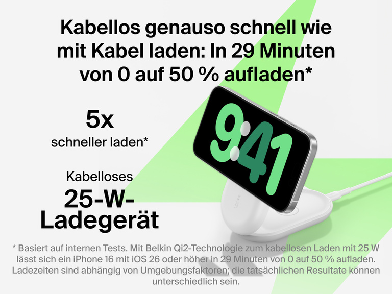 Die Belkin UltraCharge faltbare magnetische 3-in-1-Ladestation mit Qi2 25W ermöglicht kabelloses Laden so schnell wie mit Kabel, sodass Geräte in 29 Minuten von 0 auf 50 % aufgeladen werden können.