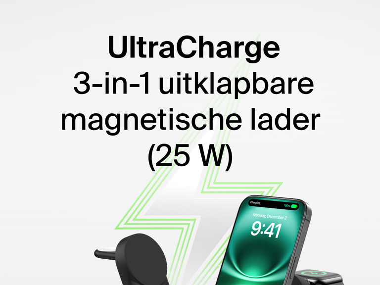 Afbeelding van de Belkin UltraCharge 3-in-1 uitklapbare magnetische lader met Qi2 25W die een iPhone oplaadt, met een groene bliksemschicht op de achtergrond.
