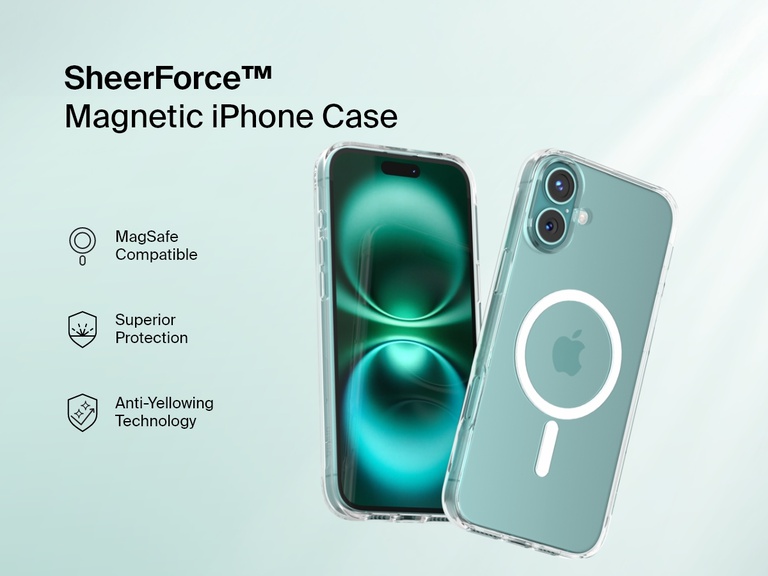 A promotional image of the SheerForce™ Magnetic iPhone Case, featuring a clear, MagSafe-compatible design. The case offers anti-yellowing technology and superior protection while maintaining the sleek look of the iPhone. The image highlights key features with icons, including MagSafe compatibility, durability, and long-lasting clarity.