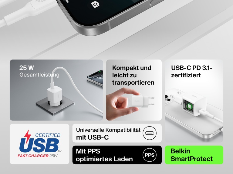 Infographic highlighting key features of the Belkin BoostCharge USB-C Wall Charger 25W, including 25W power output, USB-C PD 3.1 certification, compact design, PPS optimized charging, and SmartProtect technology.