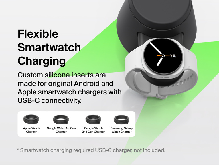 Belkin UltraCharge Modular Charging Dock with Qi2 25W featuring flexible smartwatch charging with interchangeable inserts compatible with Apple Watch, Google Watch, and Samsung Galaxy Watch USB-C chargers.