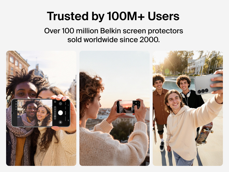 Belkin ScreenForce Titan EcoGuard Privacy Filter Screen Protector for Samsung Galaxy S26 highlighted as trusted by 100M+ users worldwide, showcasing reliable screen protection backed by millions of Belkin customers.