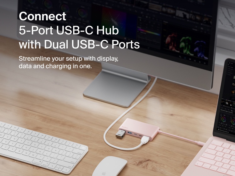 Belkin Connect 5-Port USB-C Hub with Dual USB-C Ports shown on a desk connecting a laptop and monitor for display, data transfer, and charging.