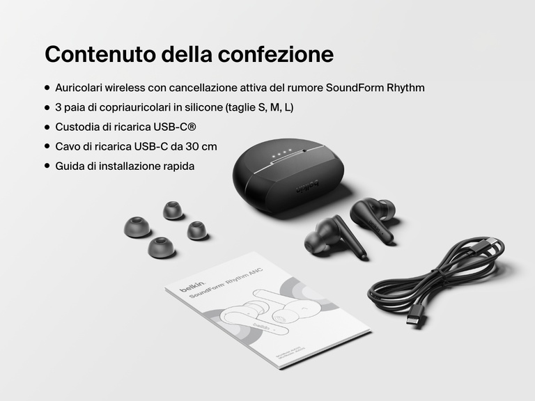 Immagine che illustra il contenuto della confezione degli auricolari wireless Belkin SoundForm Rhythm ANC: tre dimensioni di copriauricolari in silicone, custodia di ricarica USB-C, cavo di ricarica da 1,2 metri e guida di installazione rapida.