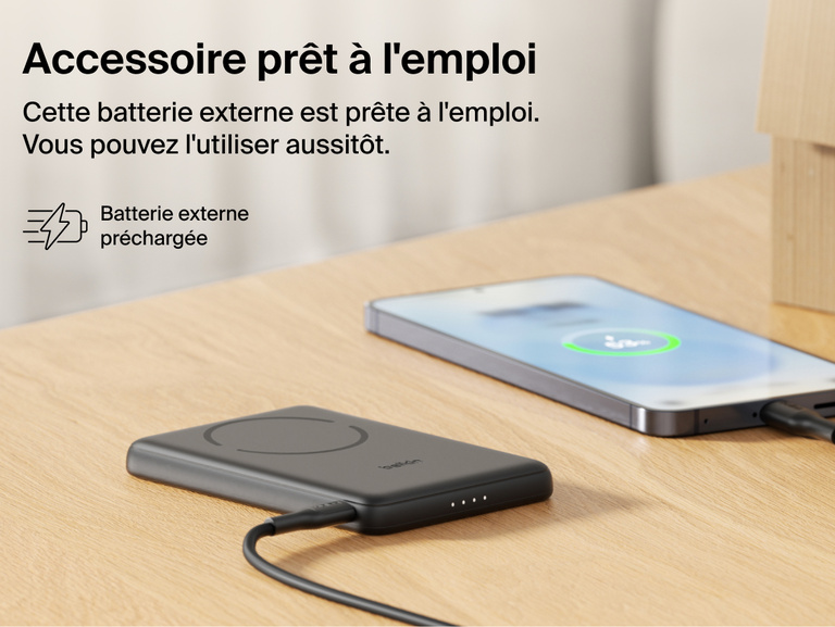 Belkin BoostCharge Slim Magnetic Power Bank 5K with Qi2 shown precharged and ready to deliver fast, portable wired or magnetic wireless charging straight out of the box.